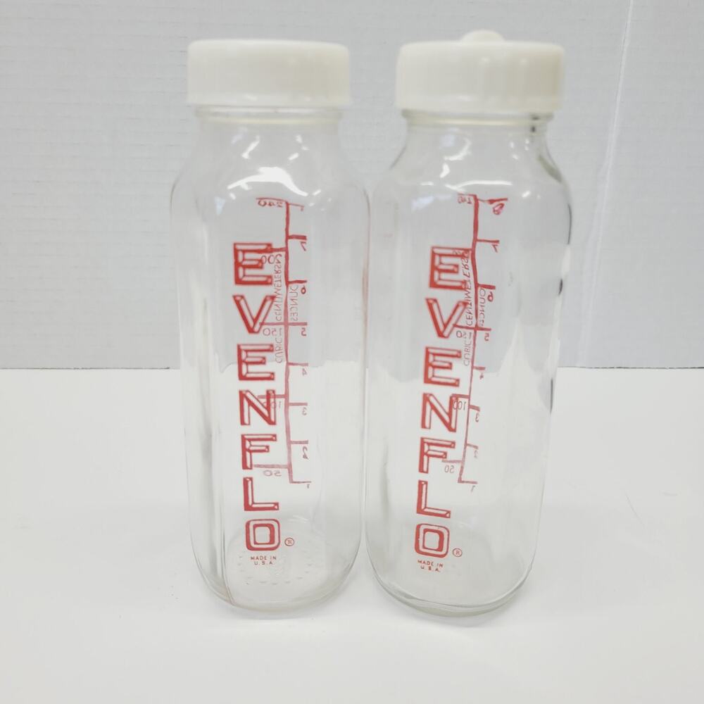 2 Vintage Collectible Red EVENFLO Glass 8oz Baby Bottles Made In The USA Nursery